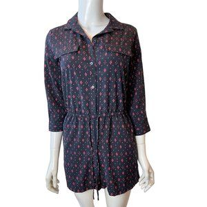 Banana Republic Women Geometric Romper Front Button Drawstring 3/4 Sleeve Blue 0